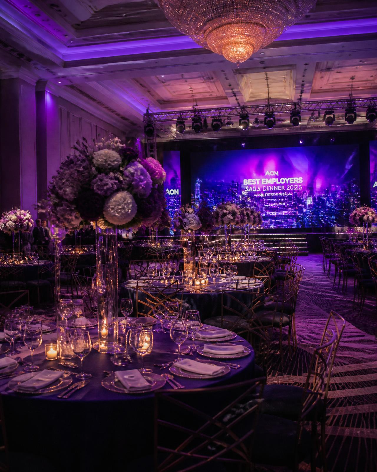 Corporate gala ballroom set for dinner
